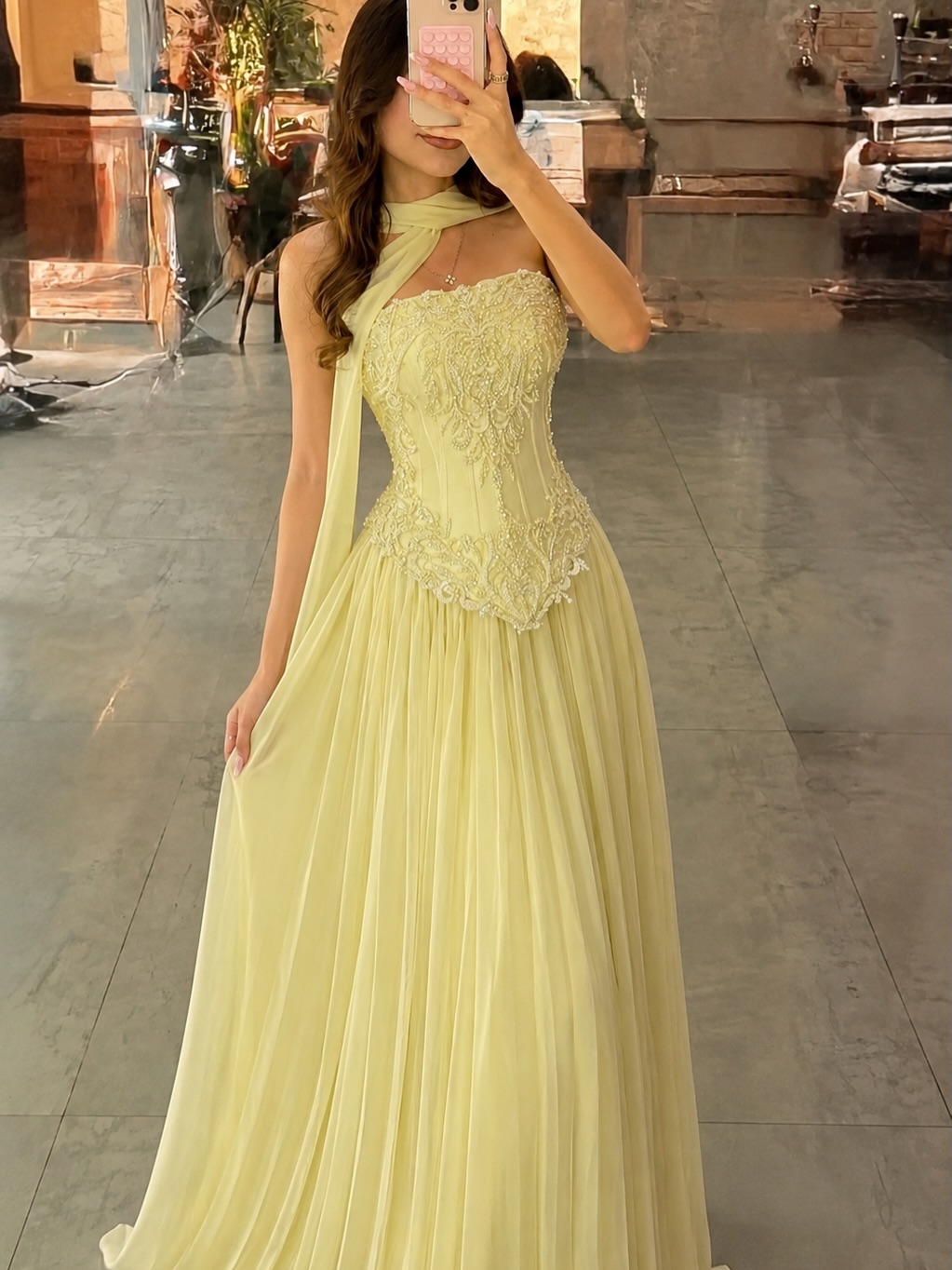 Embroidery Yellow Dress - カスタマイズされたセクシーな黄色のレースコルセットプロムドレス、女性用スパゲッティストラップ、ラッフルバスト、流れるようなシフォンパーティードレス、レディースイブニングドレス