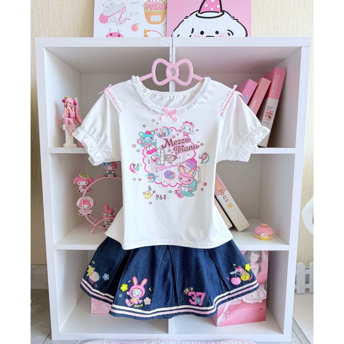 Embroidery Cotton Shirt - 和菓子スカートセット 夏新作 漫画MPプリント半袖Tシャツ＋刺繍デニムミニスカート 2点セット Y2Kスーツ