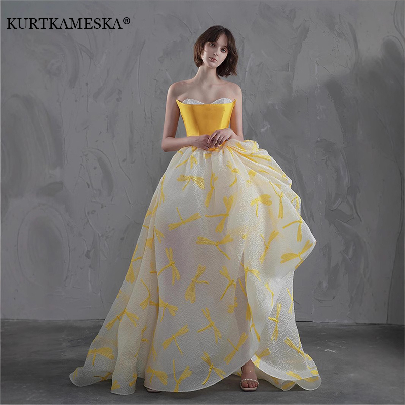 Embroidery Yellow Dress - エレガントなイエローサテントップページェントウェディングゲストドレストンボ刺繍Aラインロングプロムドレスフォーマルパーティーイブニングドレス