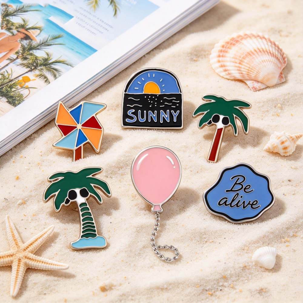 Embroidery Bali - ロマンチックな海の日の出をモチーフにしたピンバッジ、ブローチ、ビーチサンダル、ココナッツの木、エナメル製、子供向け、漫画風、ピンクの風船、風車、バッジ、帽子、バッグ、アクセサリー。