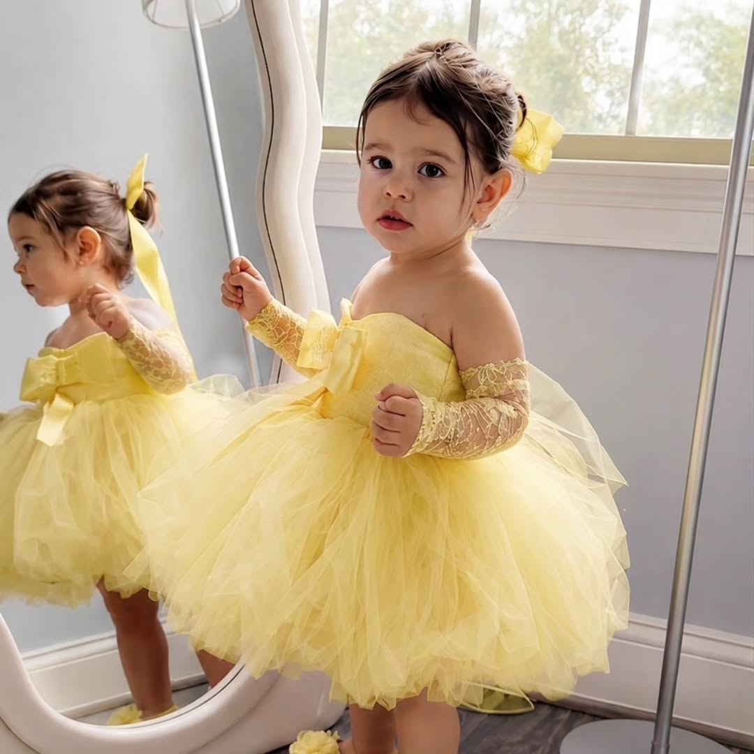 プリンセスイエローフラワーガールドレス結婚式用オフショルダー - Embroidery Yellow Dress のレビューと価格