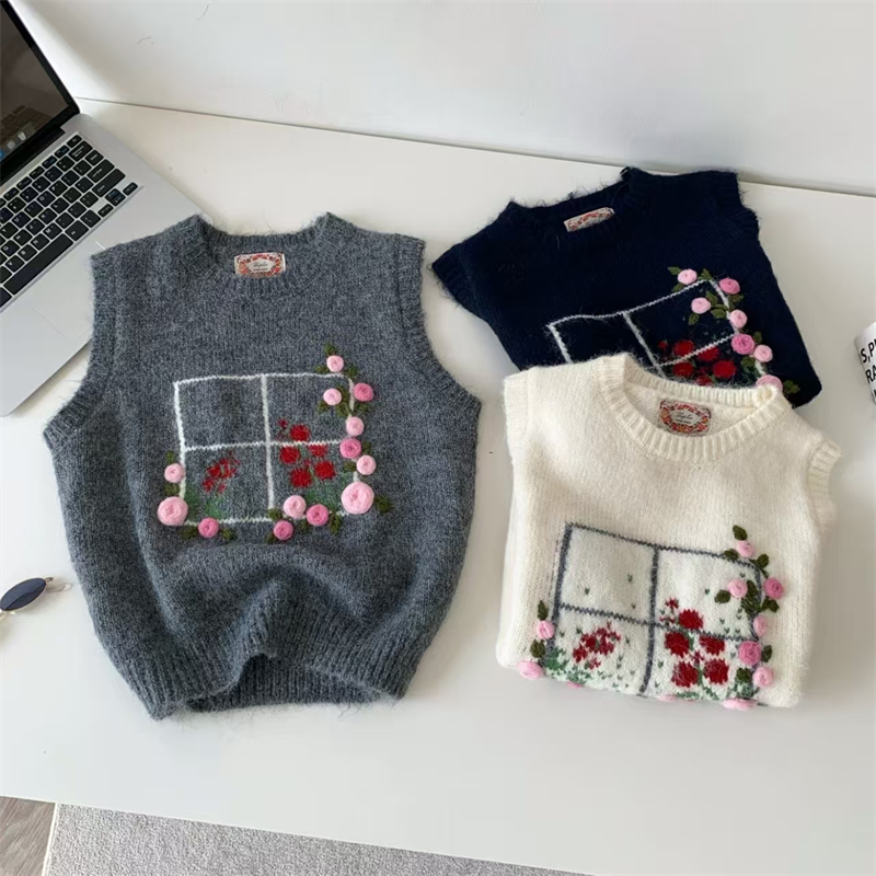 レディース 3D手刺繍 ローズ柄 ニットベスト オープンネッ - Embroidery Rose のレビューと価格