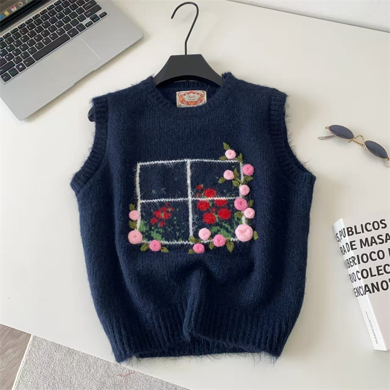 レディース 3D手刺繍 ローズ柄 ニットベスト オープンネッ - Embroidery Rose のレビューと価格