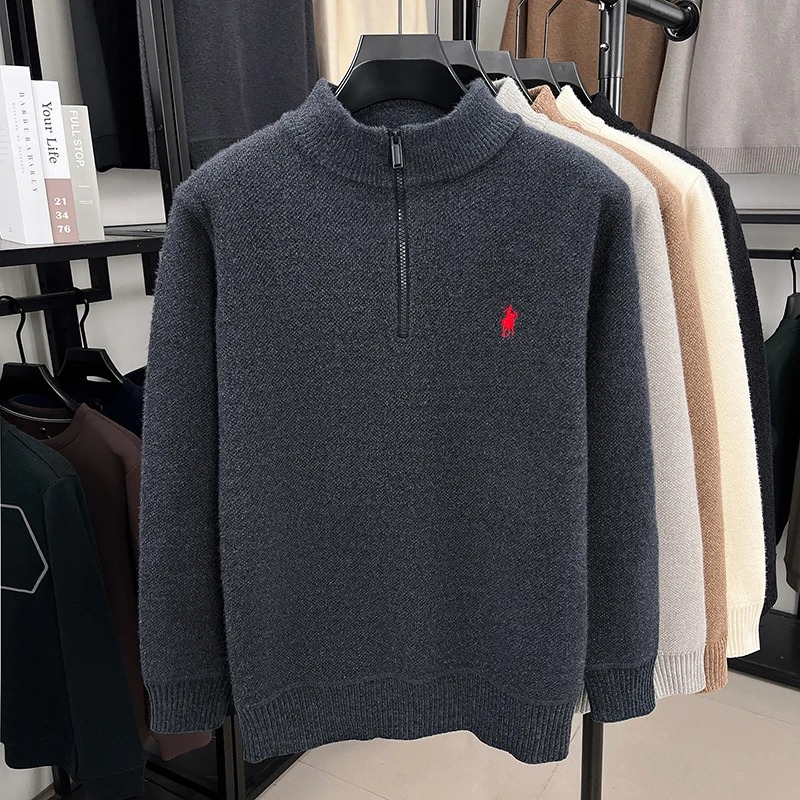 高級ジッパー付きスタンドカラーセーター メンズ 冬新作 ファ - Embroidery Design Logo のレビューと価格