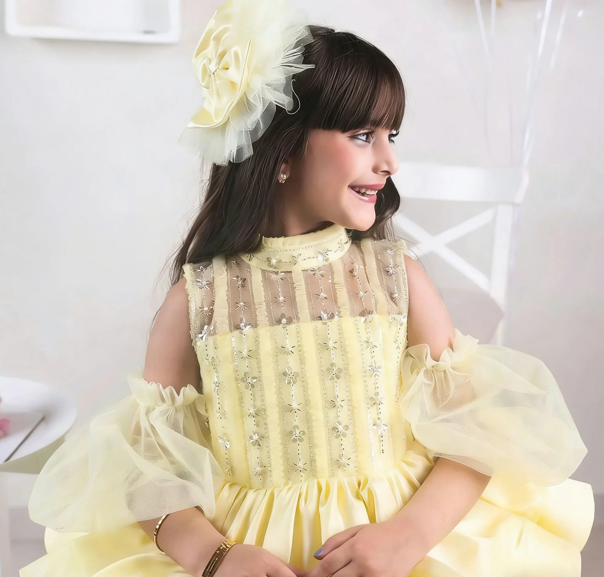 黄色のフラワーガールドレス 結婚式用 スパンコール付き オフ - Embroidery Yellow Dress のレビューと価格