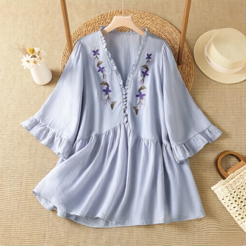 エレガントな紫の花柄刺繍コットンリネンシャツ、優しいプリーツ - Embroidery Cotton Shirt のレビューと価格